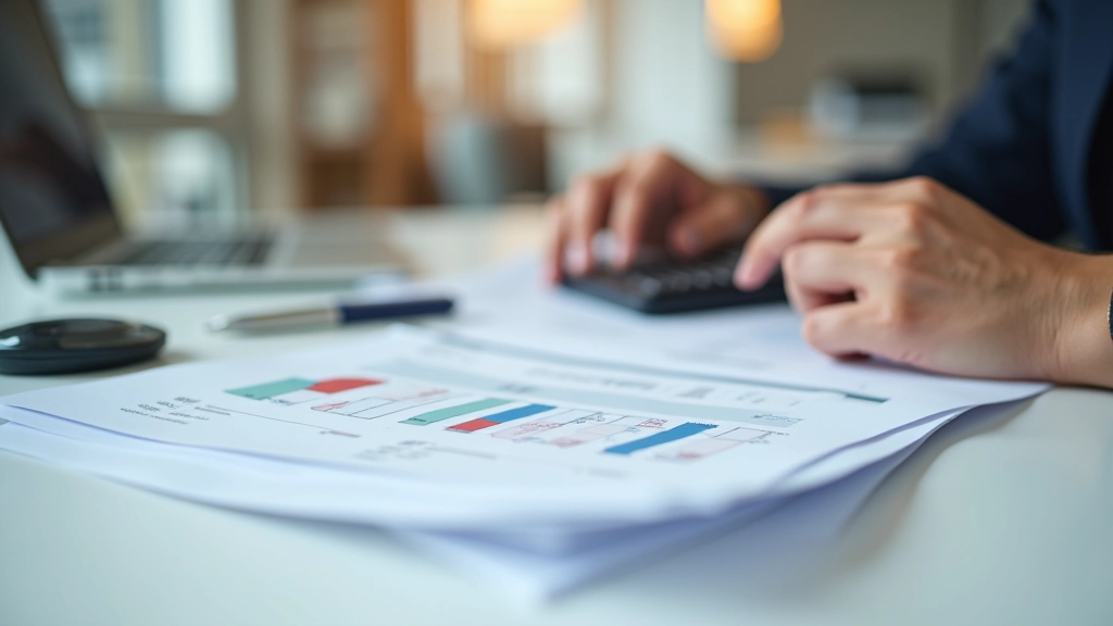 Calculatrice et documents financiers montrant le calcul des revenus d'investissement immobilier